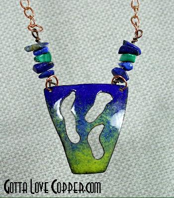 Enameled Negative-Space Copper Pendant with Malachite & Sodalite Beads